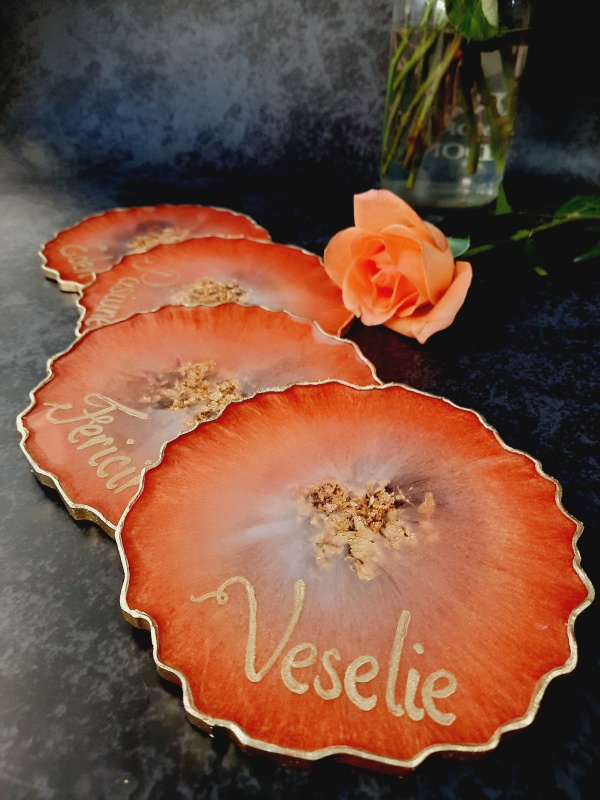 Red Pheonix and Gold Words - 4 pieces Resin Coasters