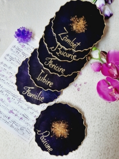 Dark Purple and Gold Words - 6 pieces Resin Coasters